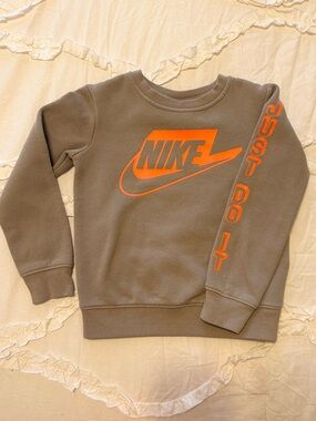 Nike Kids' Tan Crewneck Sweatshirt with Bright Orange Logo